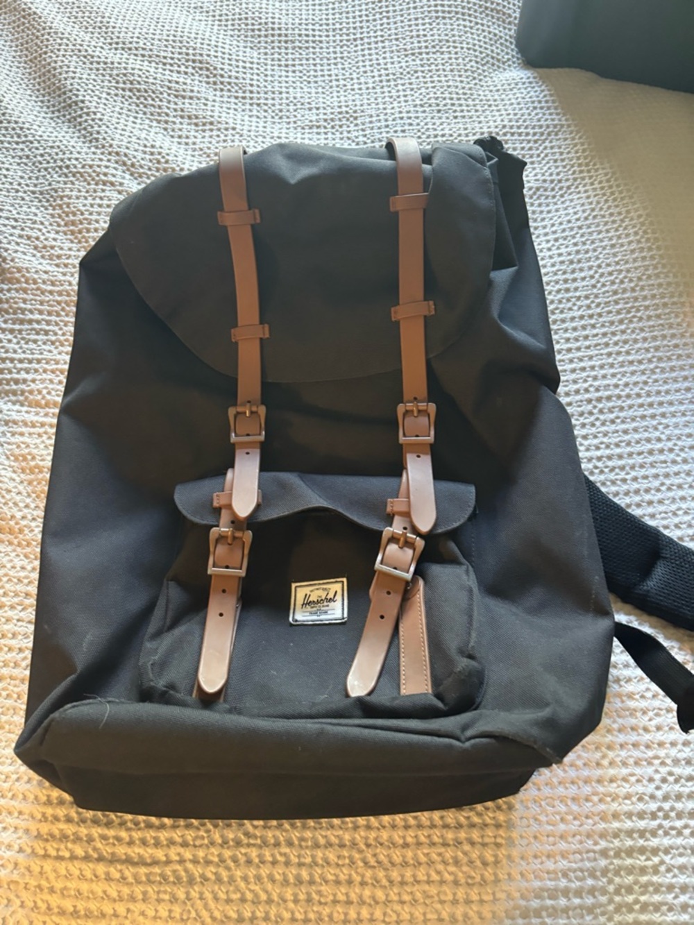 Herschel Classic Black Backpack with Brown Straps